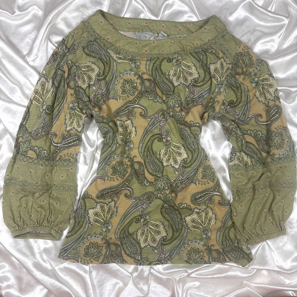 vintage Cato Paisley Top Green Excellent Boho Crochet Trim Scoop Neck 18/20W